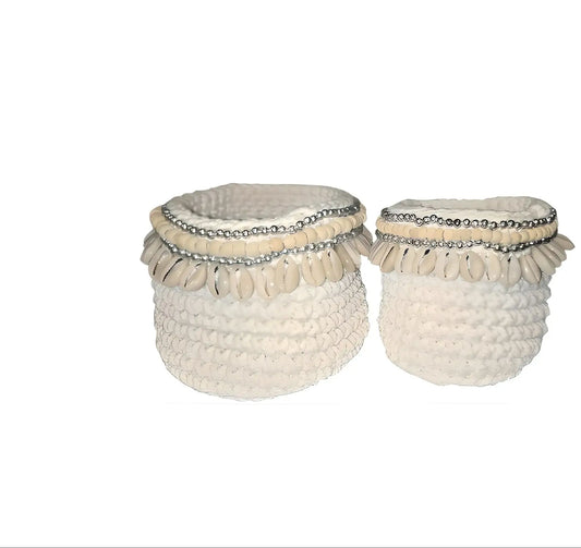 set paniers macramé blanc perles cauris déco bohème