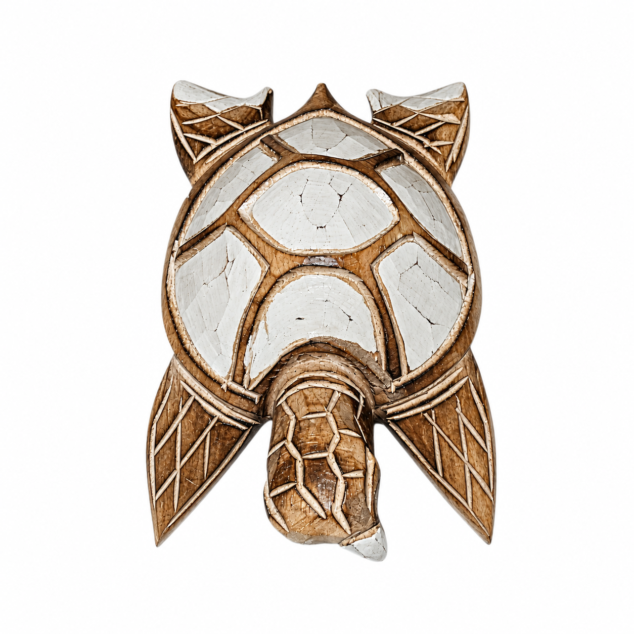 Tortue décorative brun et blanc en bois sculpté
