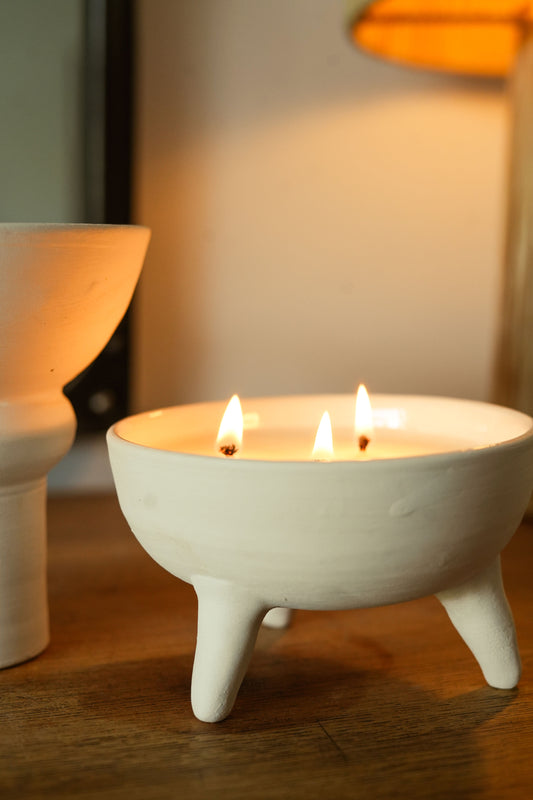 Bougie blanche sur pied en céramique – Bougie déco
