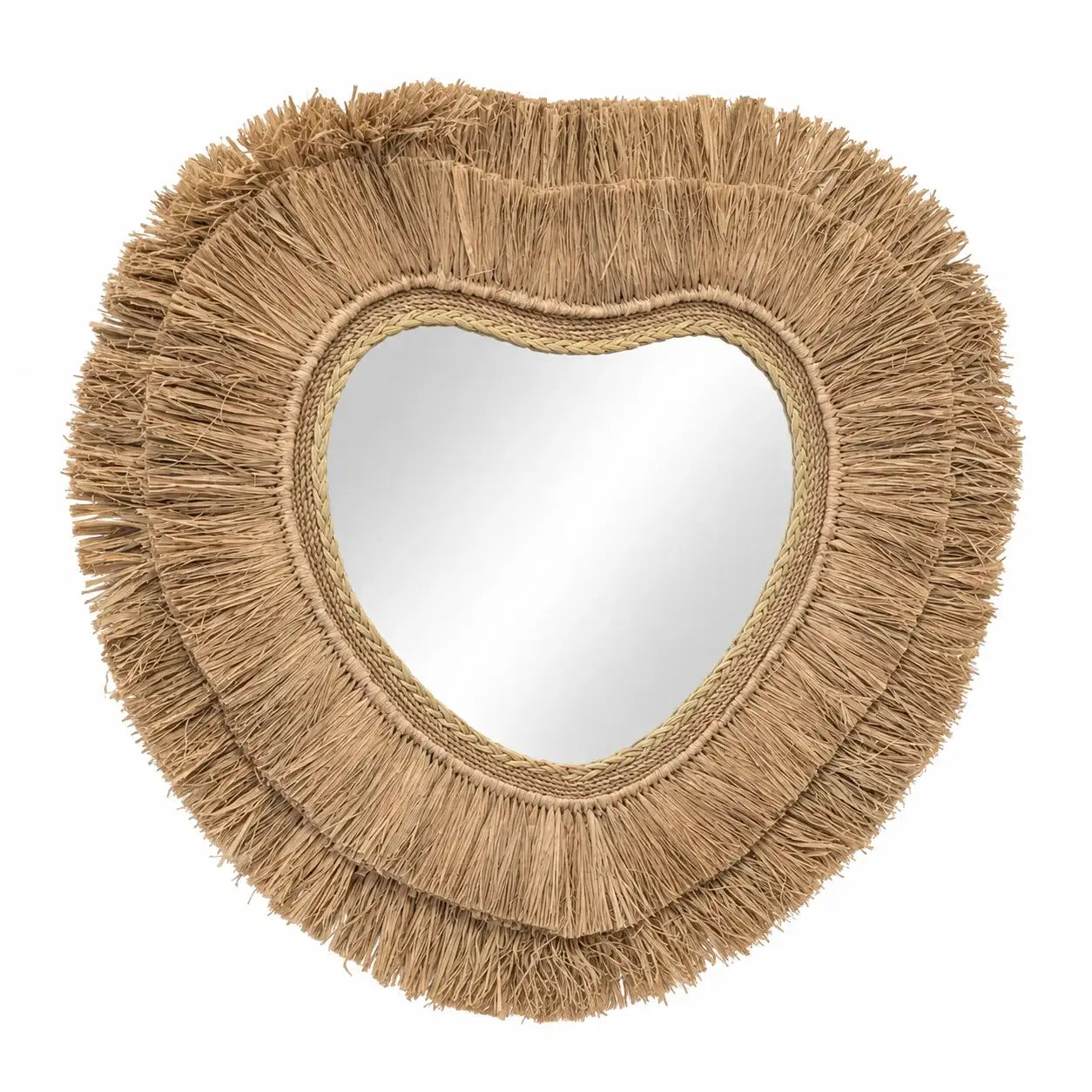 Miroir en forme de cœur avec cadre en paille tressée et franges naturelles, style bohème.