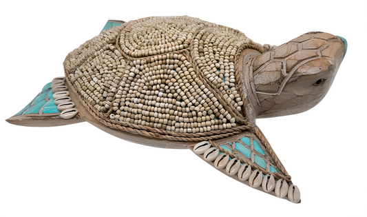 Tortue décorative en bois, perles & coquillages – Fait main à Bali