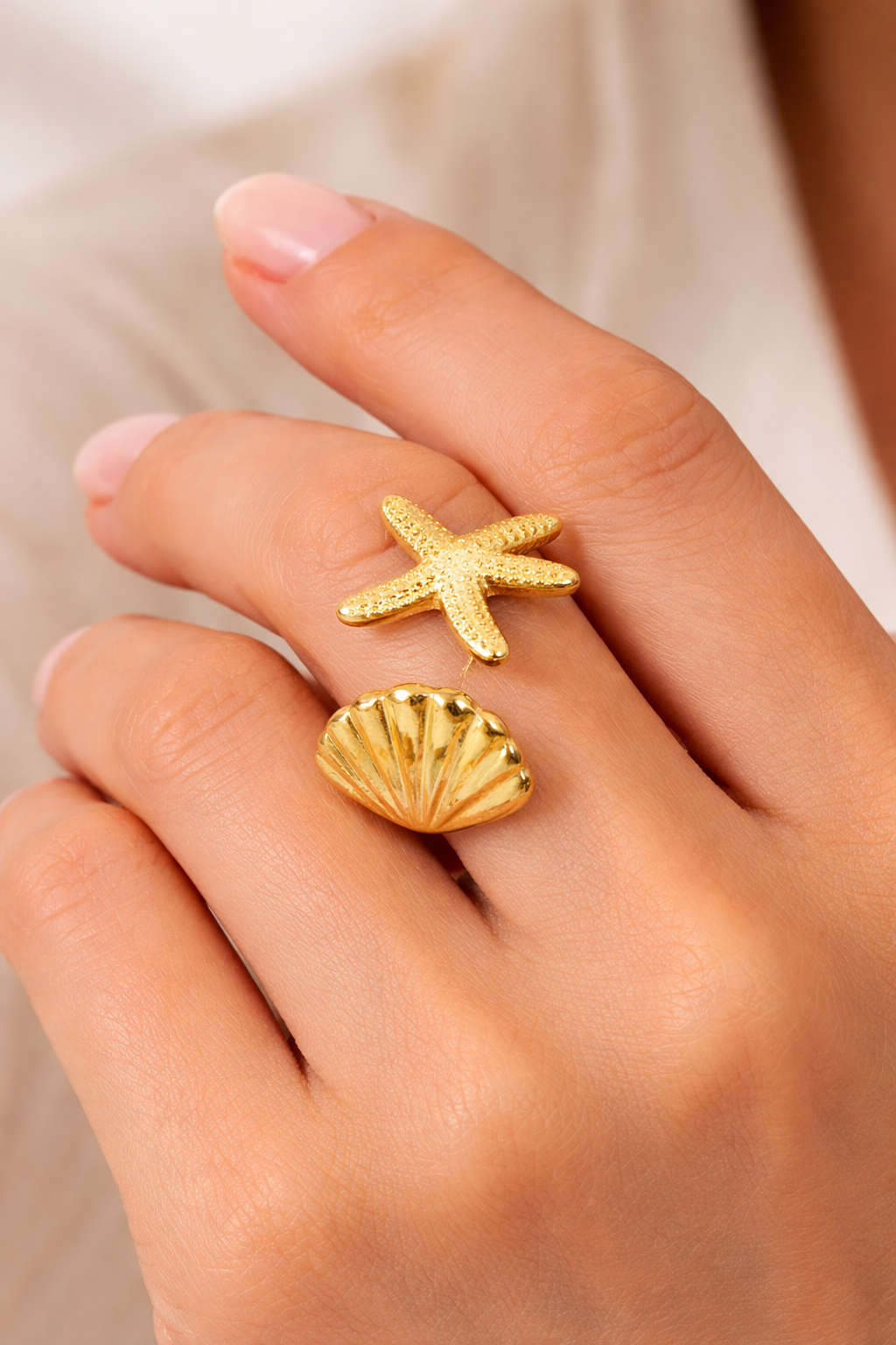 Bague Océan Étoile de Mer & Coquillage – Acier Inoxydable