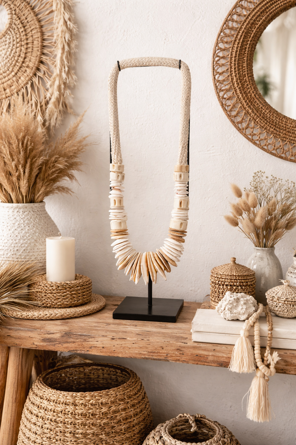 Collier décoratif en coquillages sur socle – Modèle élancé