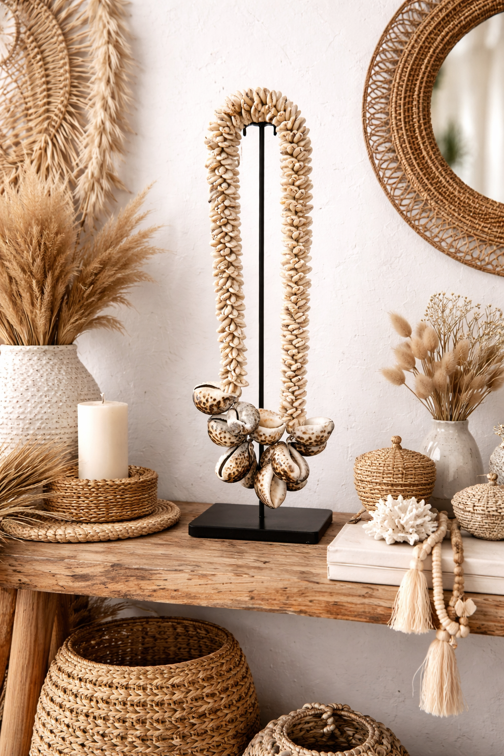 Collier décoratif en coquillages sur socle – Beige