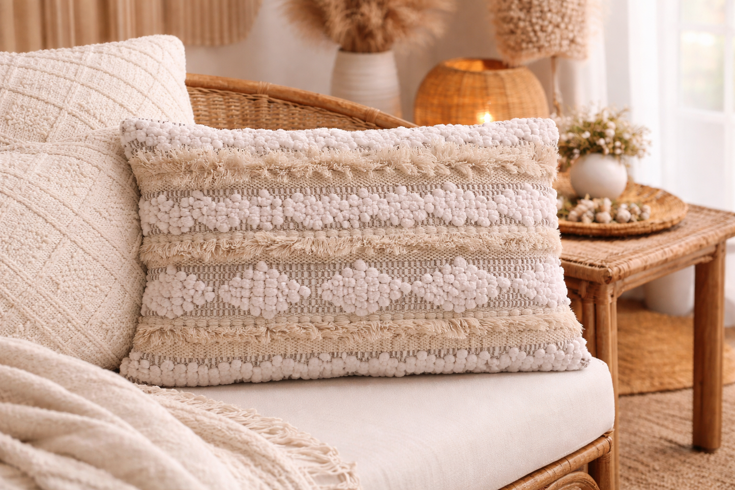 Coussin Bohème 40x60 - Beige à Franges