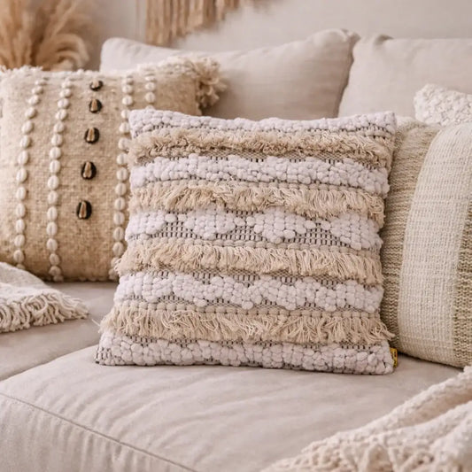 Coussin Décoratif Beige à Franges
