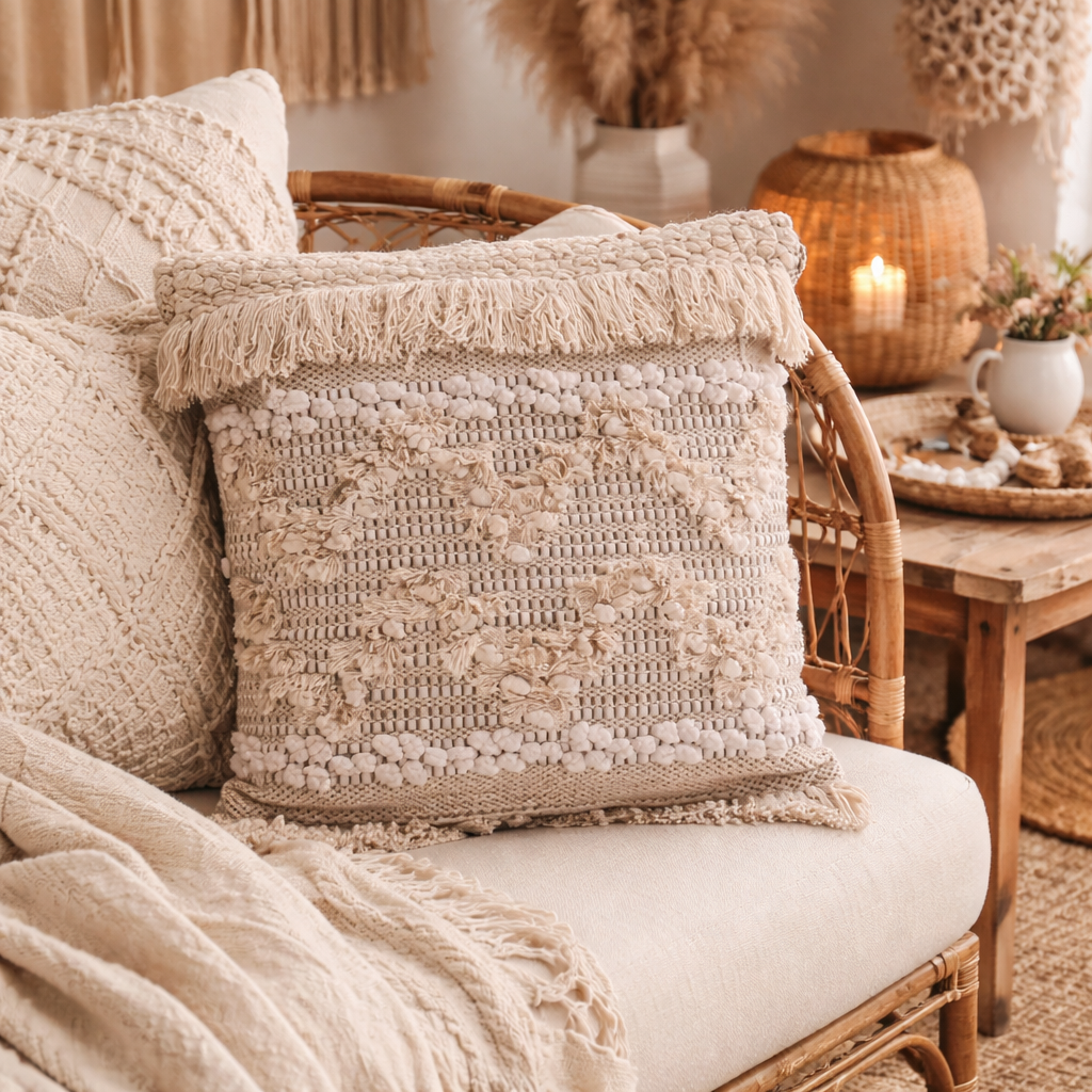 Coussin Bohème 45x45 - Beige Motif Graphique