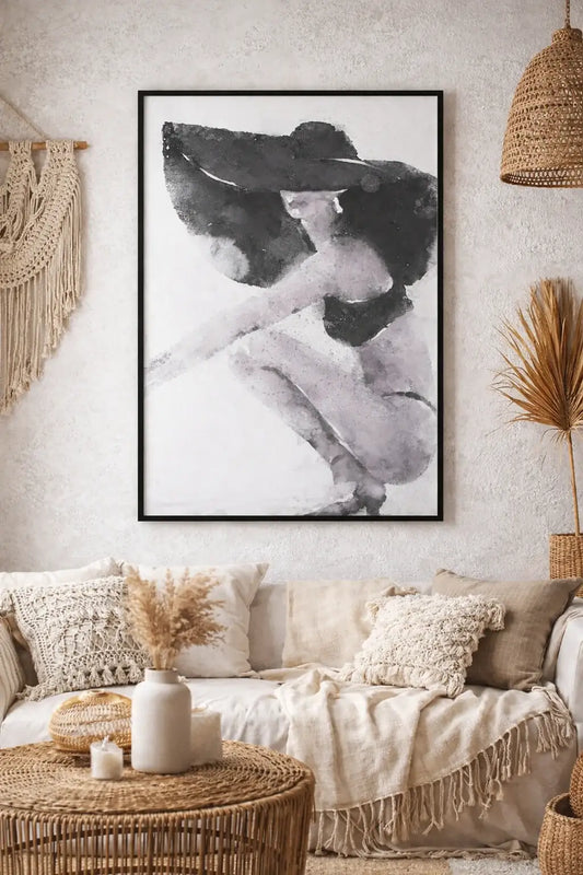 Tableau mural noir et blanc femme au chapeau