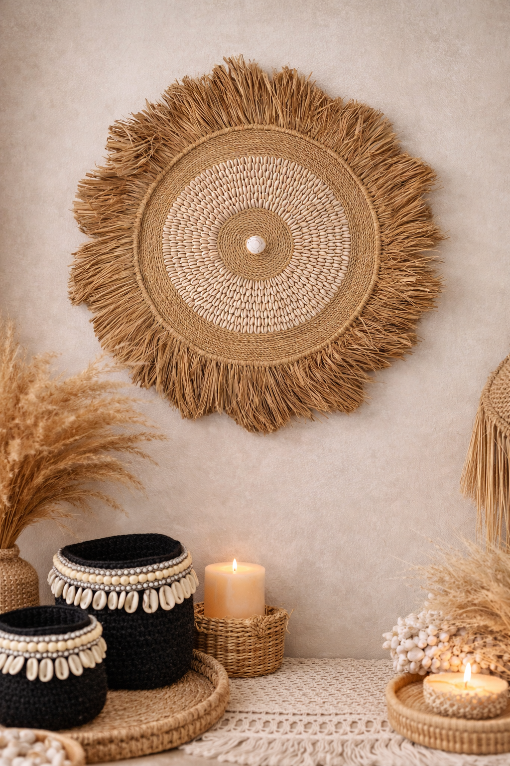 Décoration murale bohème en raphia naturel et coquillages – Fait main à Bali