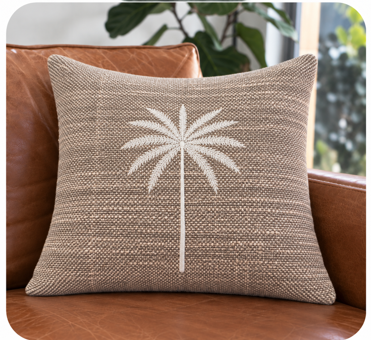 Coussin bohème palmier blanc brodé 50x50
