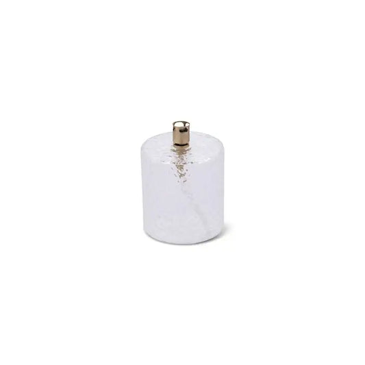 Vase cylindrique en verre texturé blanc avec finition dorée, idéal pour décoration intérieure naturelle.