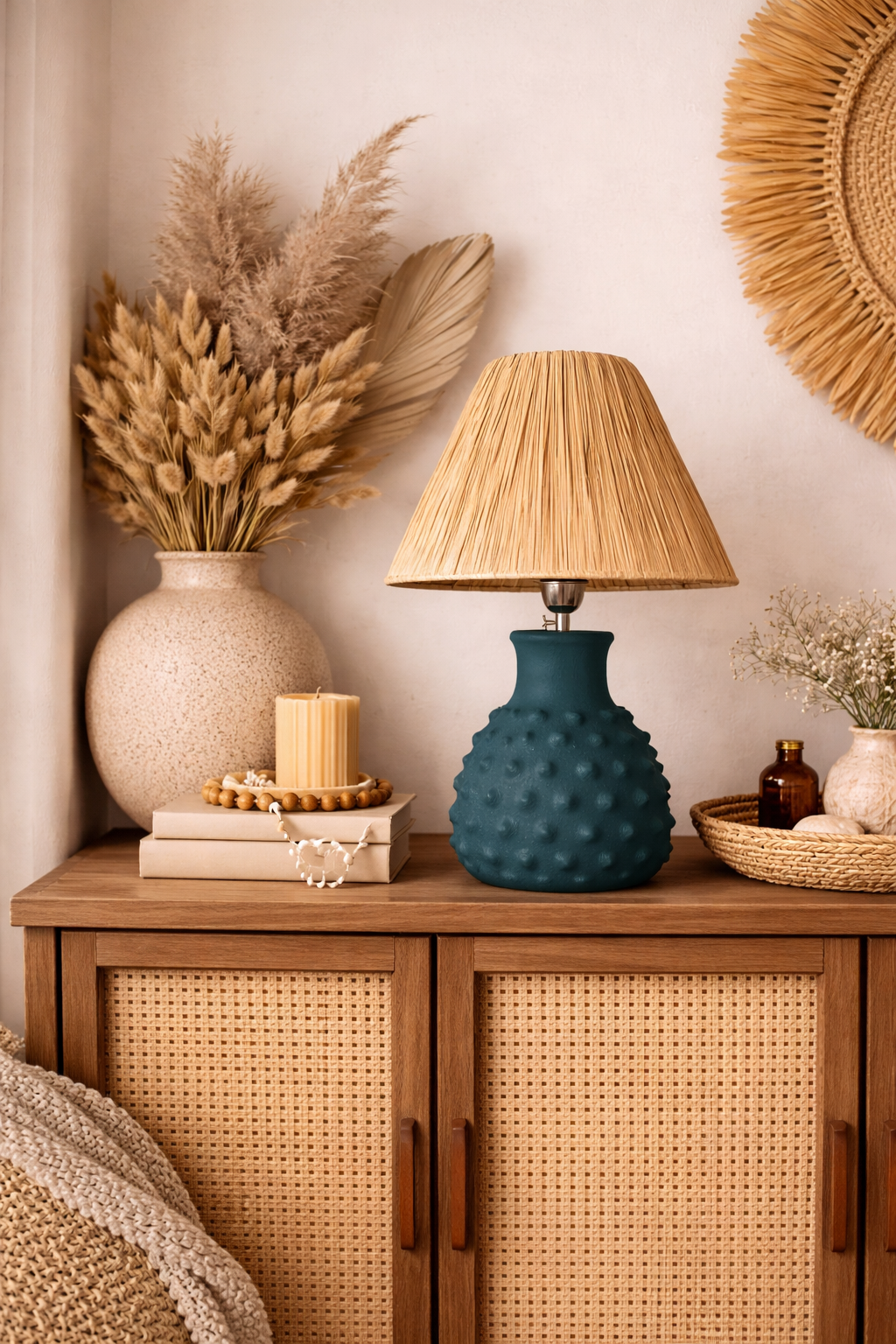 Lampe à poser en céramique et abat-jour en raphia