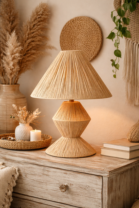 Lampe de table en raphia naturel – Style bohème