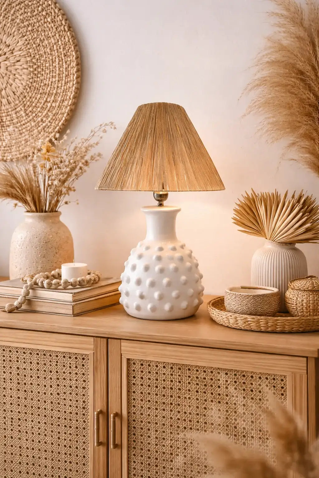 Lampe en céramique blanche et raphia dans une décoration bohème naturelle