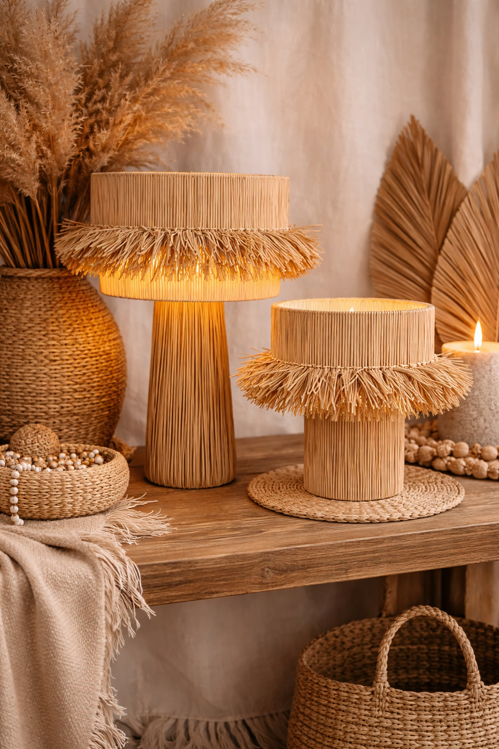 Lampe à poser en raphia naturel avec franges