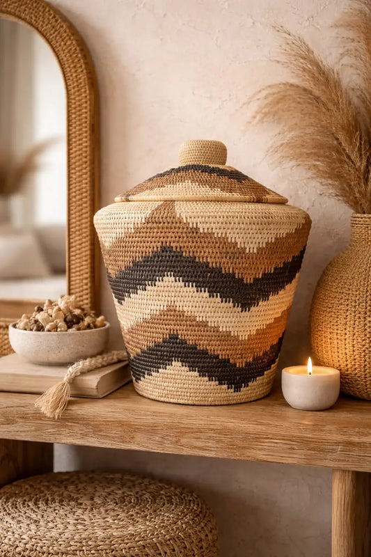 Panier Tressé avec Couvercle Noir & Beige