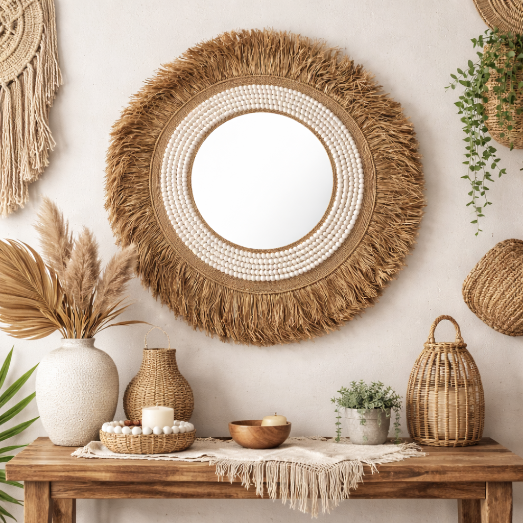 Grand Miroir Bohème 80 cm - Raphia Naturel et Coquillages Blancs