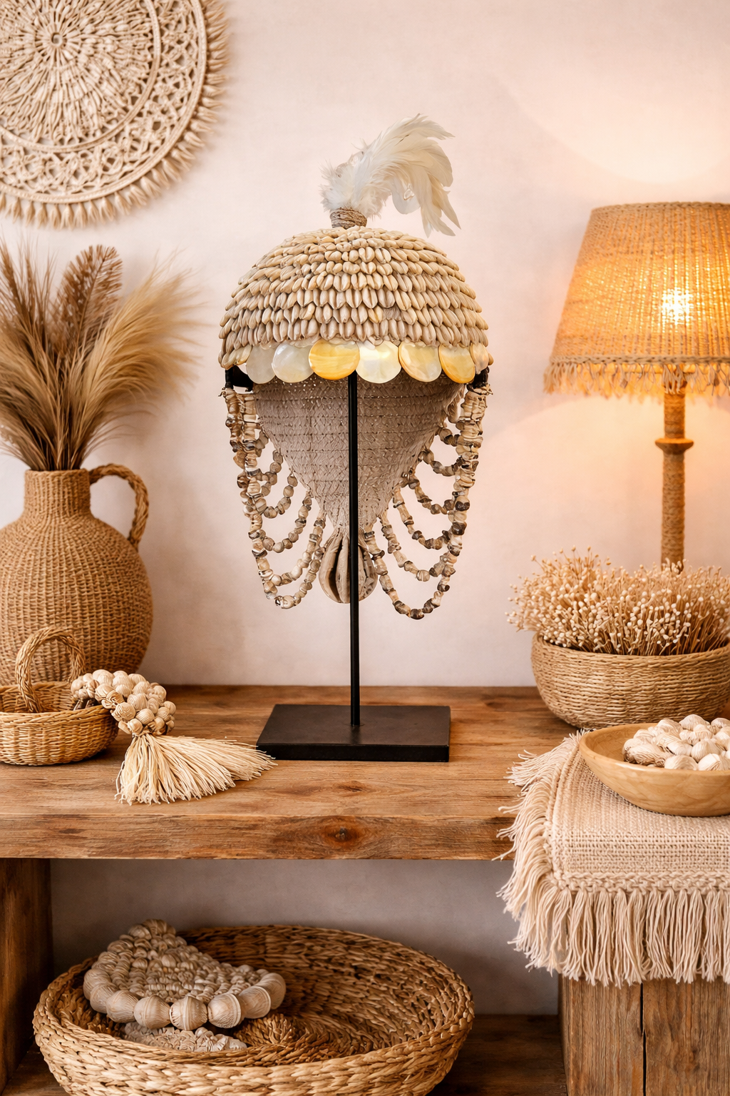 Masque décoratif tribal sur socle – Coquillages & perles