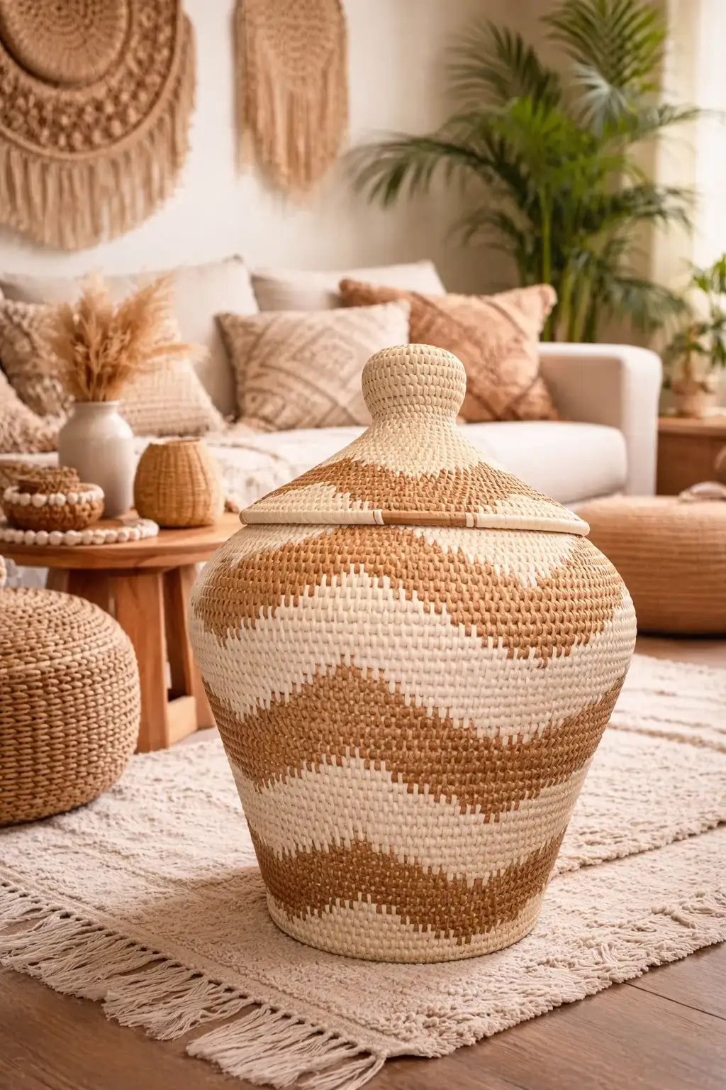 Panier bohème avec couvercle beige et brun
