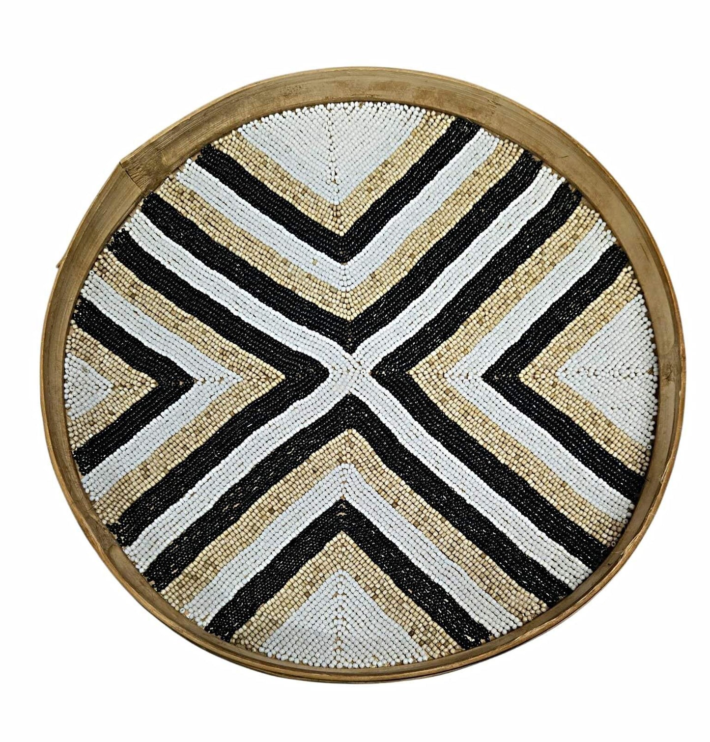 Plateau rond en bois avec motif géométrique en perles noires, blanches et naturelles
