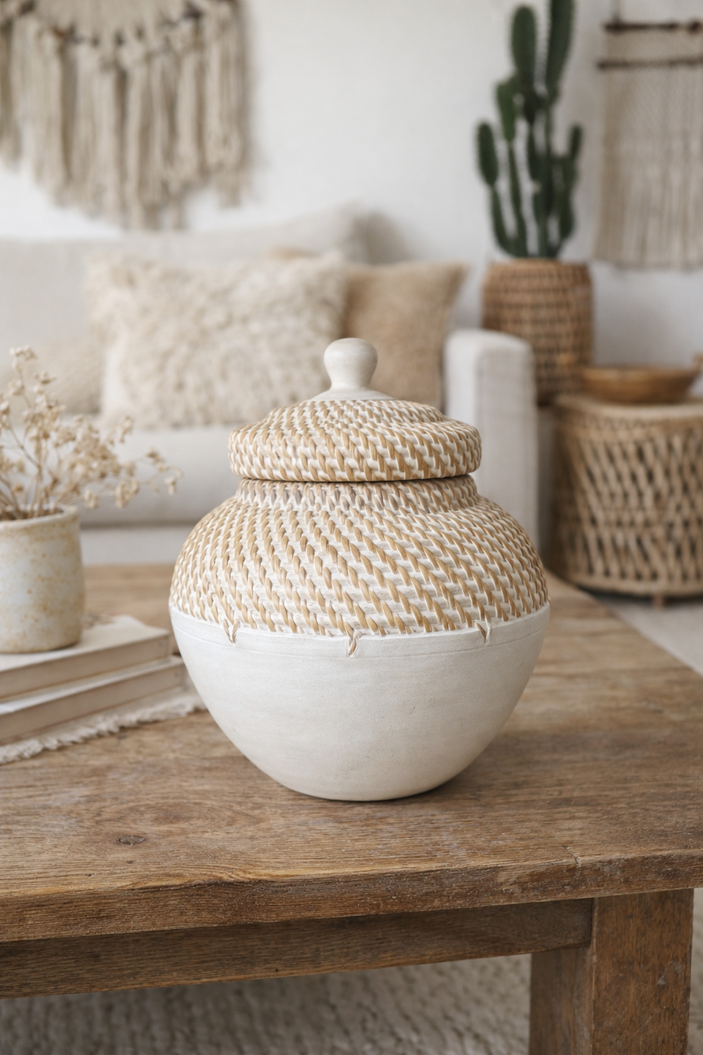Pot rotin et bois blanc