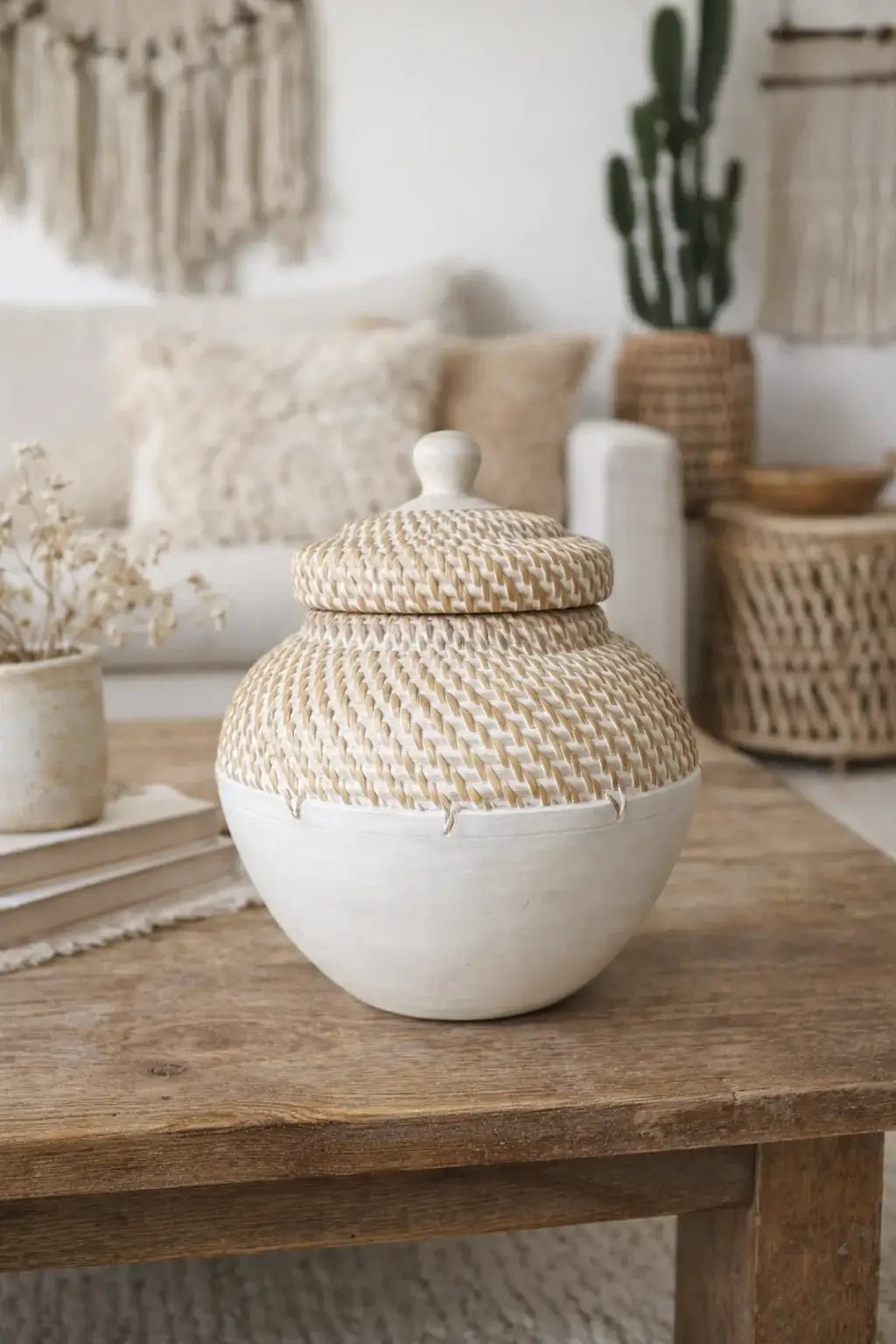 Pot rotin et bois blanc