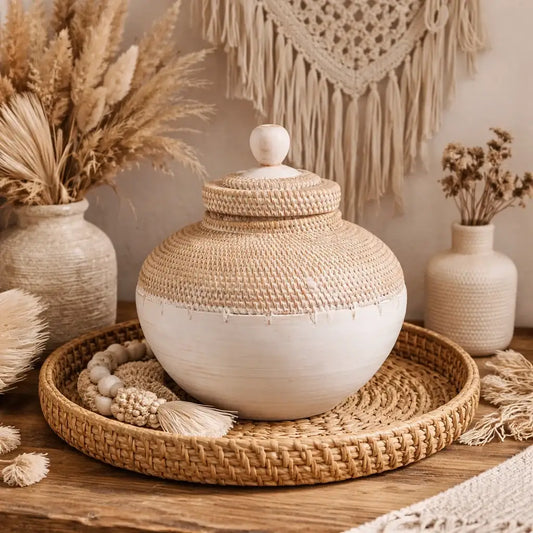 Pot décoratif rotin blanchi