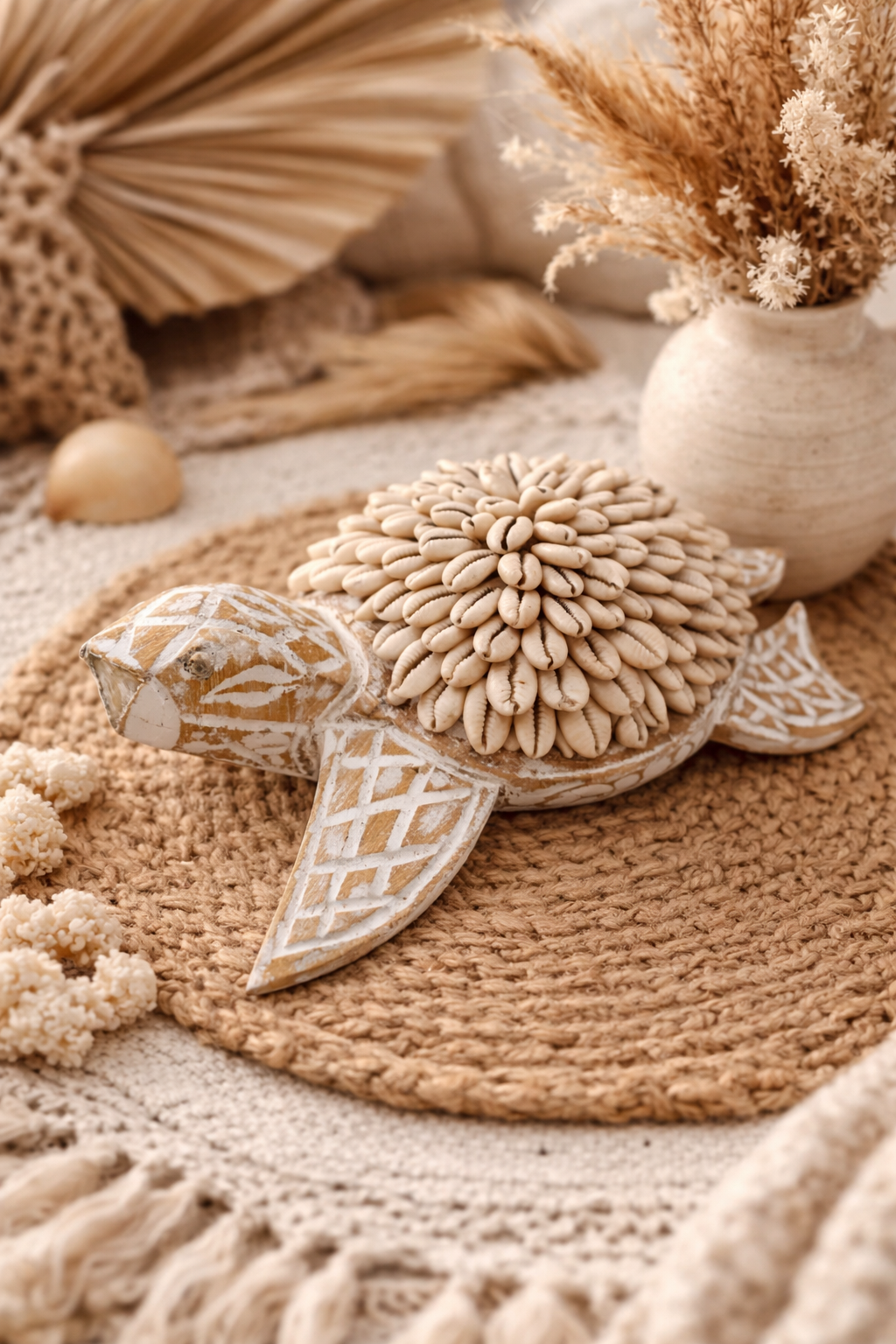 Tortue décorative en bois blanc & coquillages – Fait main à Bali