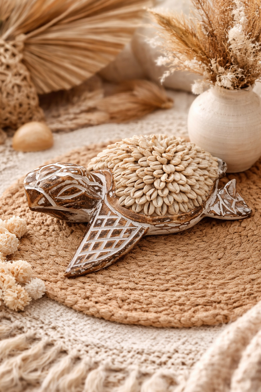 Tortue décorative en bois marron & coquillages – Fait main à Bali