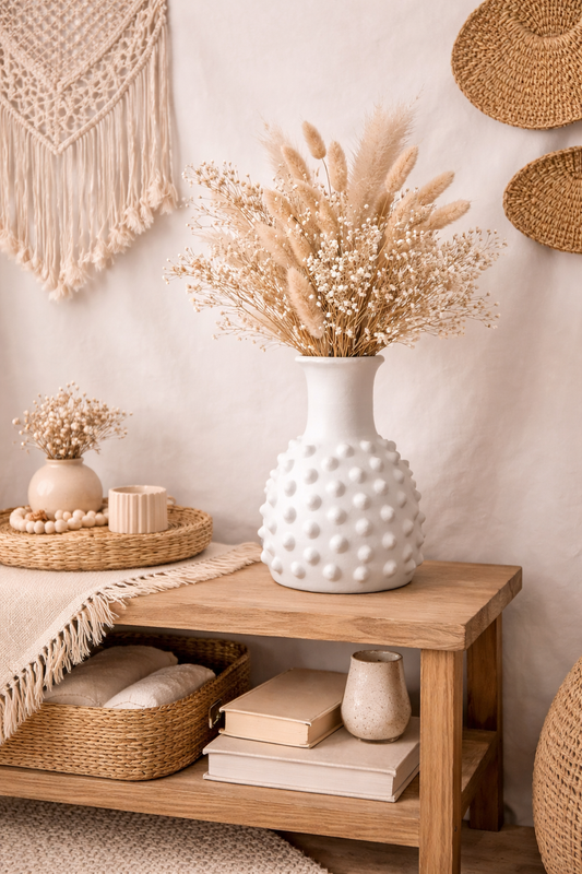 Vase blanc mat texturé – Détails boules décoratives