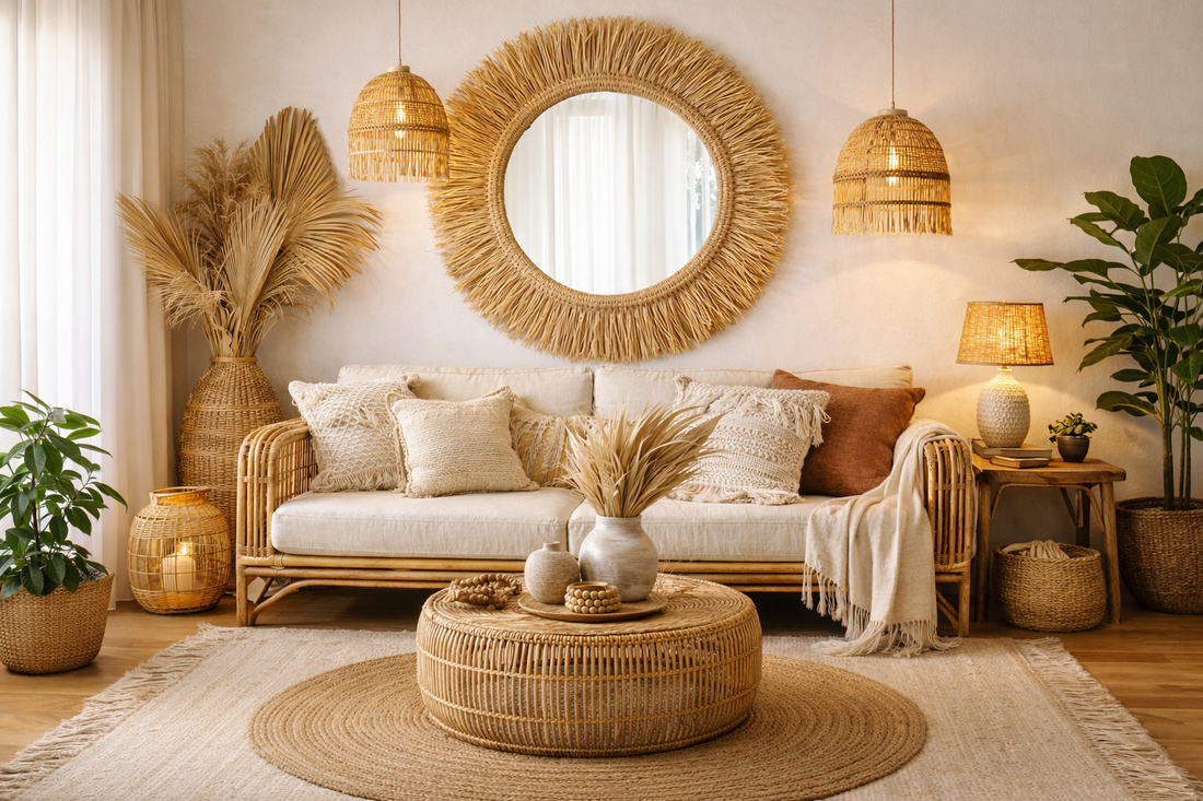 salon bohème naturel avec miroir en raphia et décoration en fibres naturelles