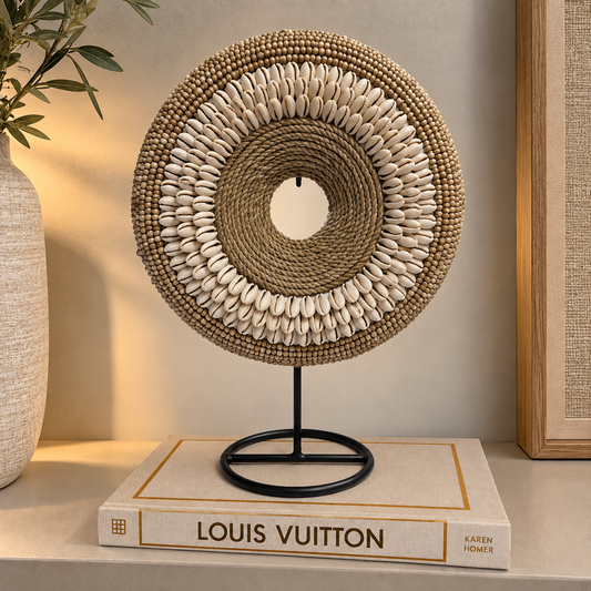 Ornement rond en coquillages et fibres naturelles