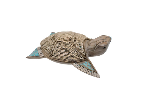 Tortue décorative en bois, perles & coquillages – Fait main à Bali