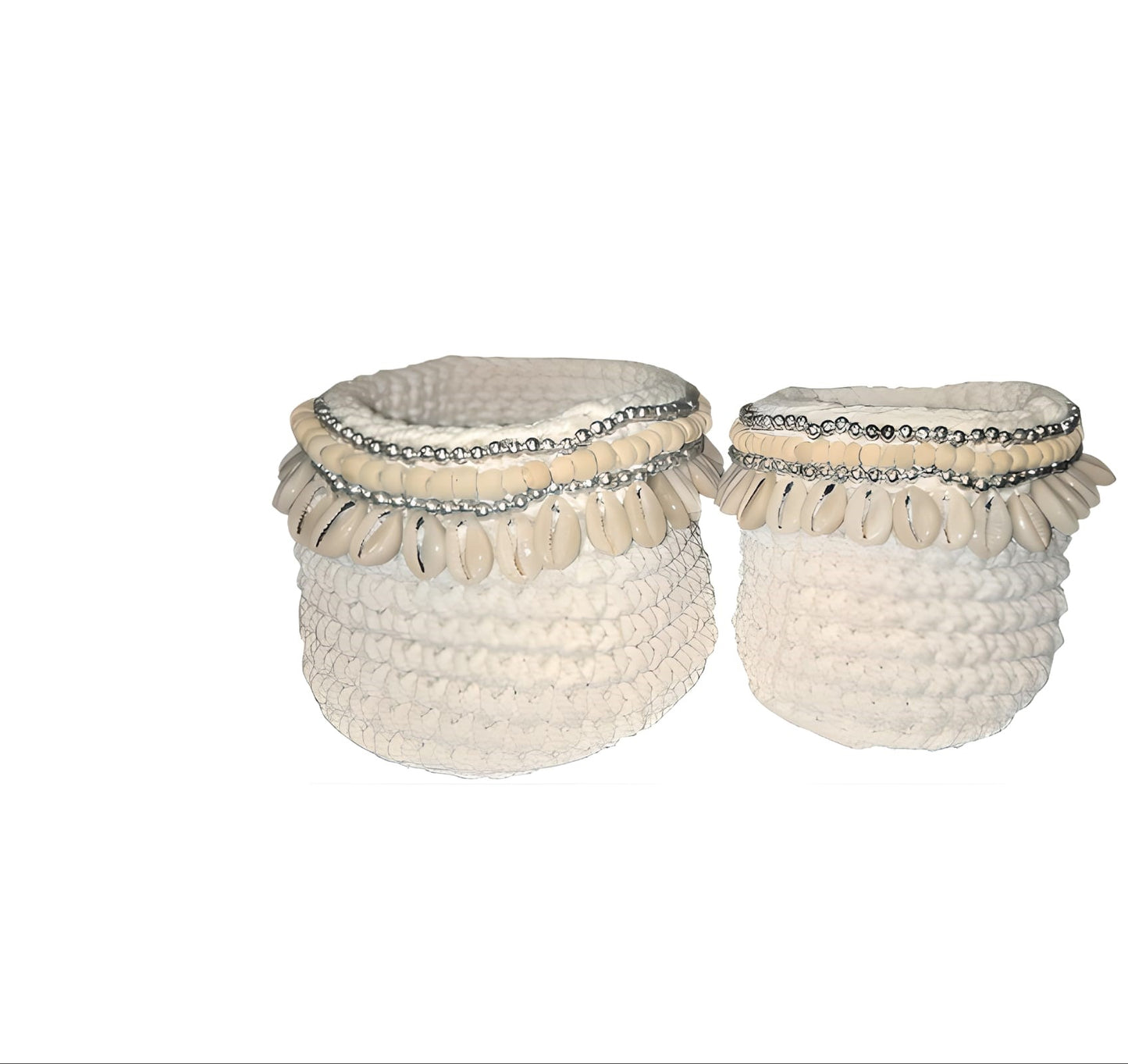 Set de paniers en macramé blanc / perles / coquillages