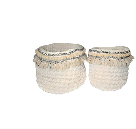 Set de paniers en macramé blanc / perles / coquillages