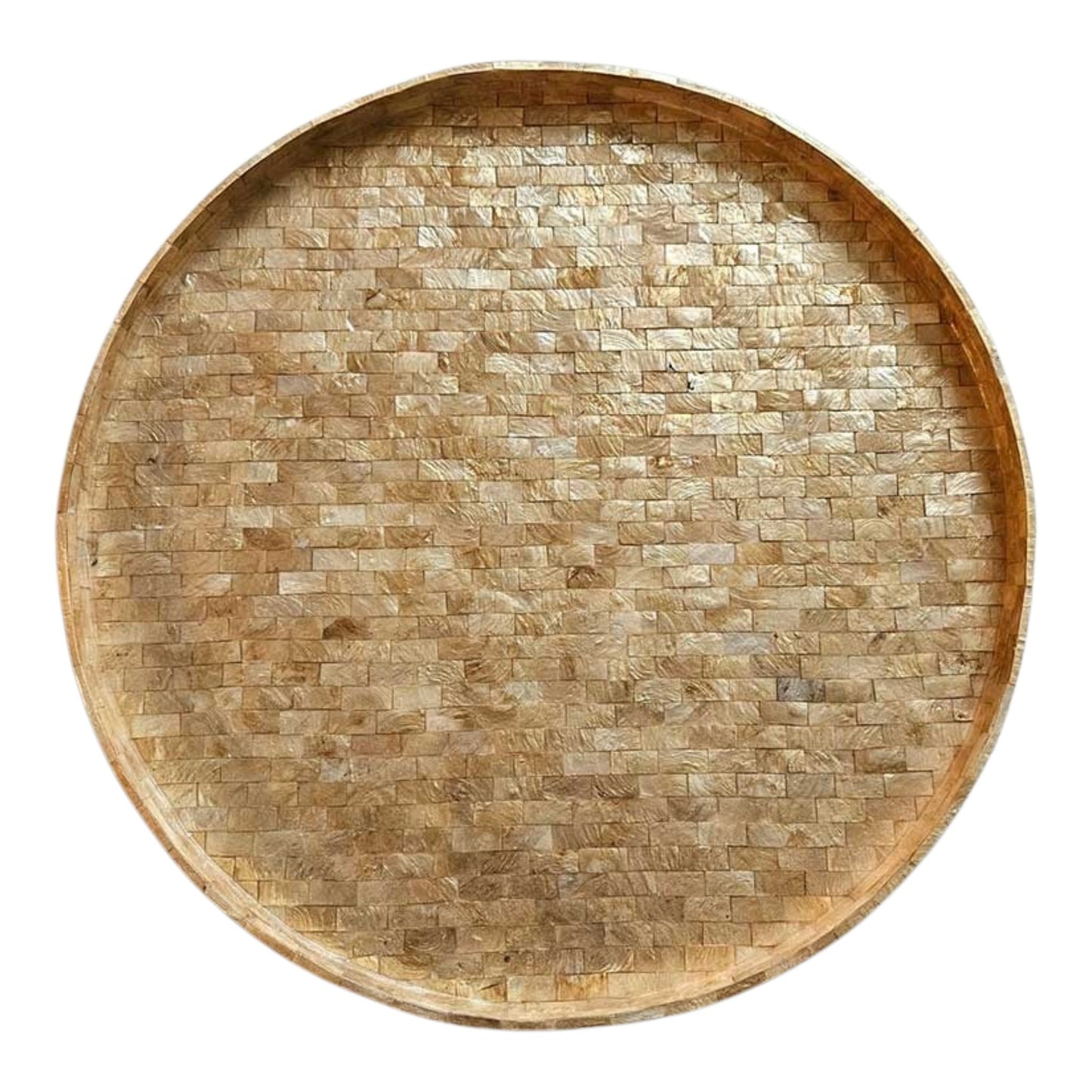 Plateau rond en Capiz nacré beige géométrique