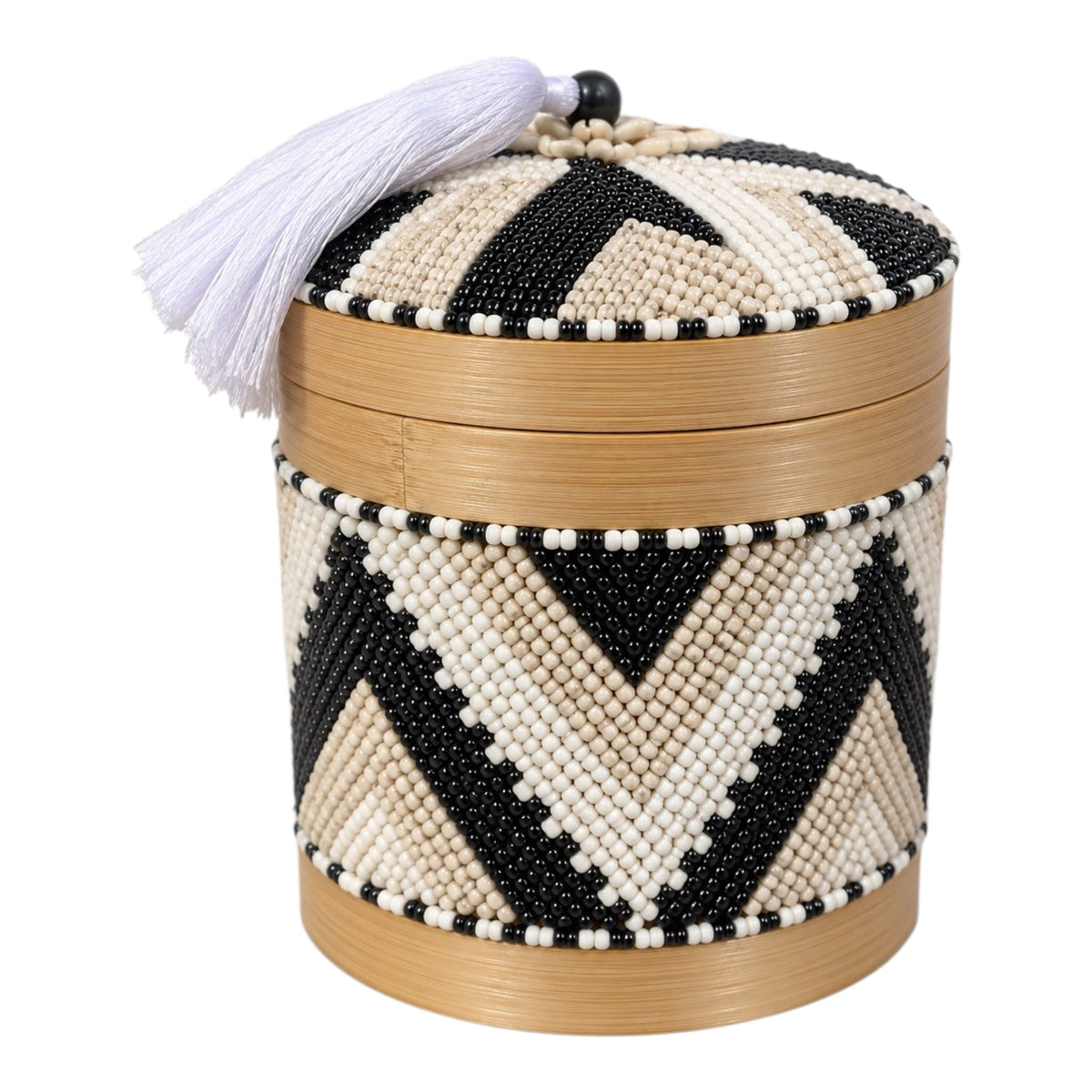 Boîte décorative en perles noires et beiges