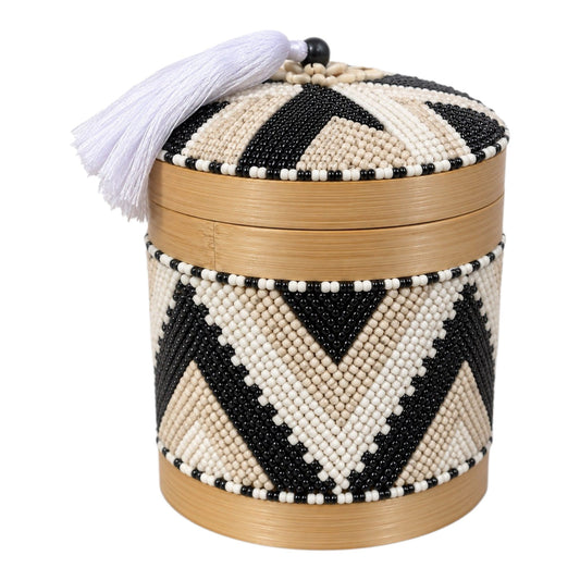 Boîte décorative en perles noires et beiges