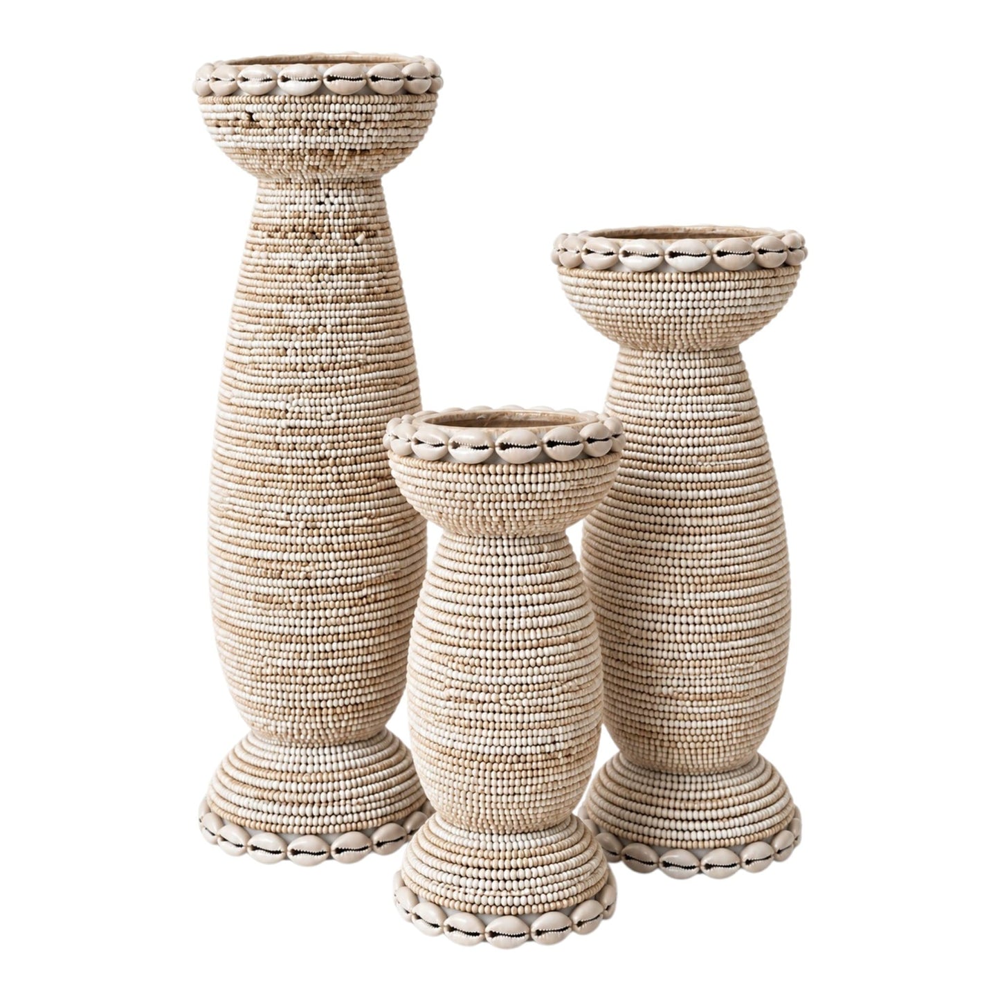 Bougeoir en perles beiges & coquillages 