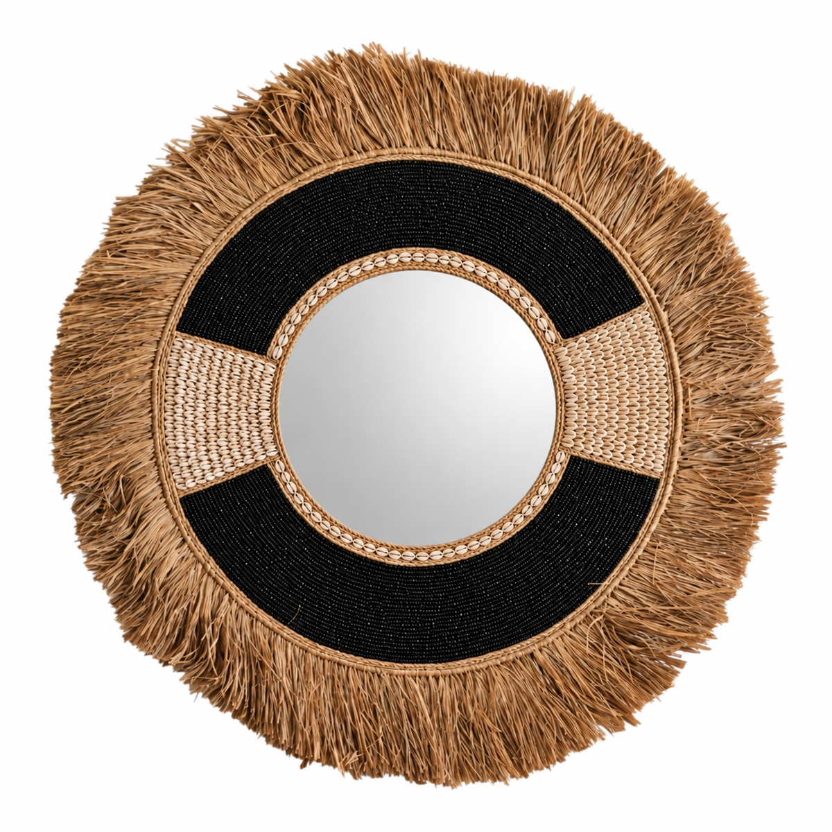 Miroir balinais en raphia & perles noires 