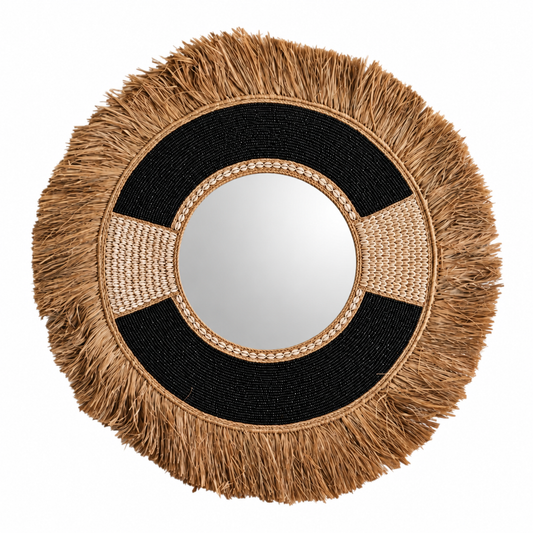 Miroir balinais en raphia & perles noires 