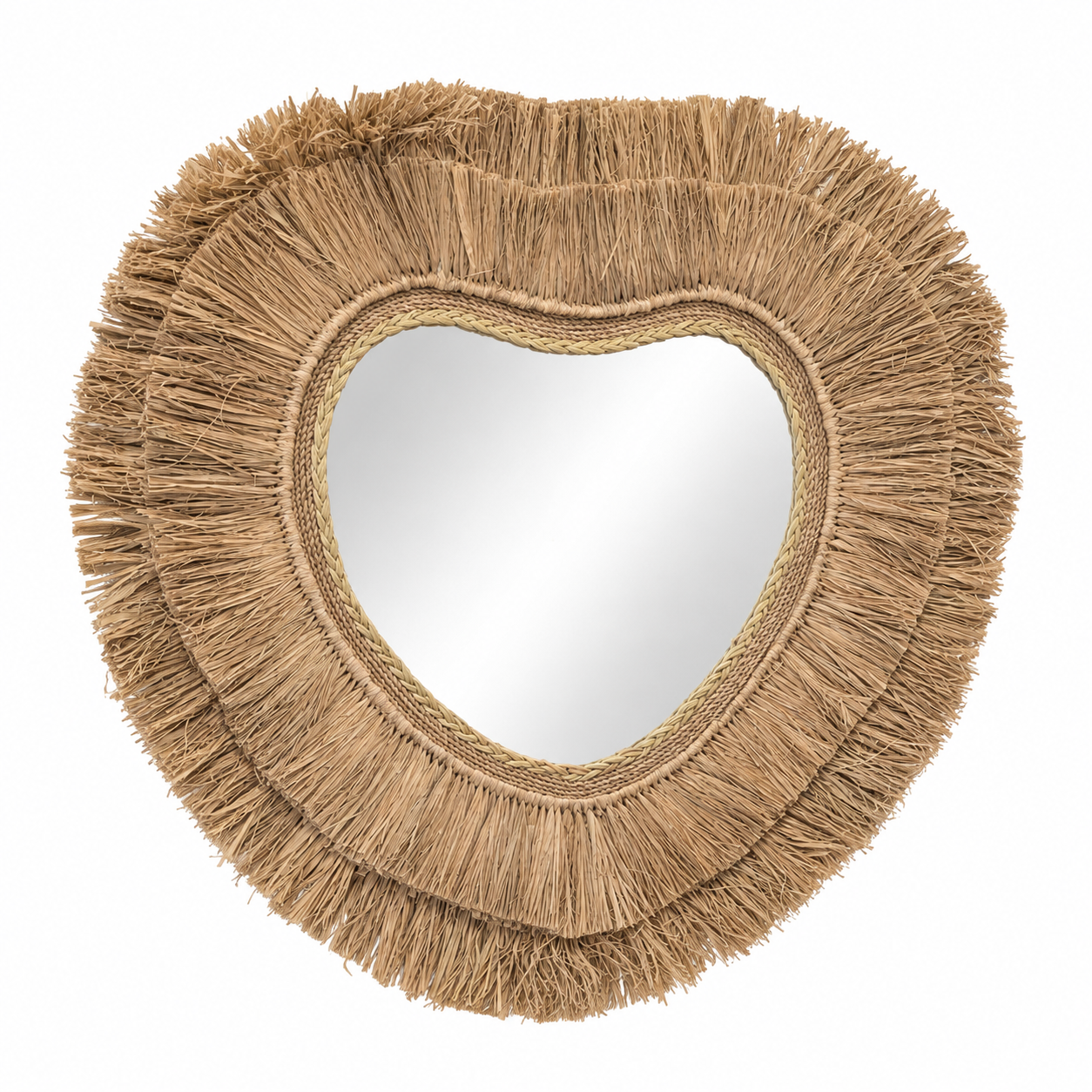 Miroir cœur en raphia naturel