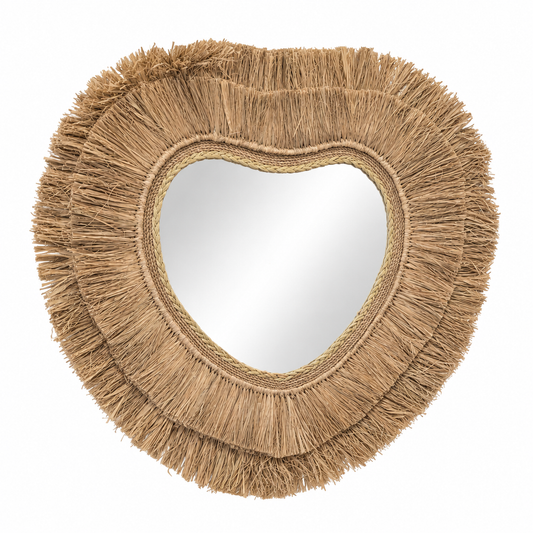 Miroir cœur en raphia naturel