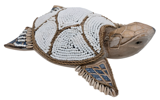 Tortue décorative en bois, perles & coquillages – Fait main à Bali