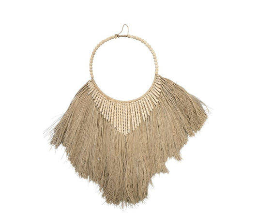 Suspension décorative en raphia & perles beiges