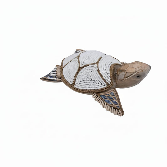 Tortue décorative en bois, perles & coquillages – Fait main à Bali