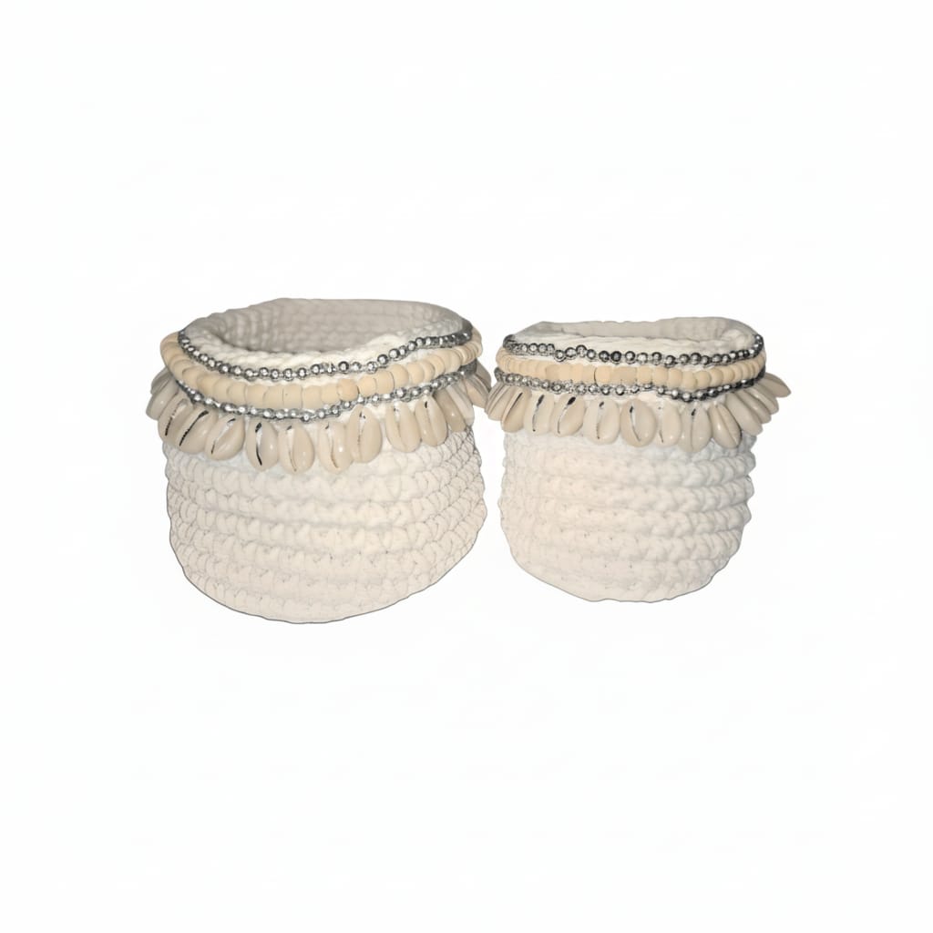 Set de paniers en macramé blanc / perles / coquillages