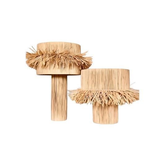 Lampe à poser en raphia naturel avec franges