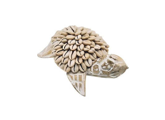 Tortue décorative en bois blanc & coquillages – Fait main à Bali