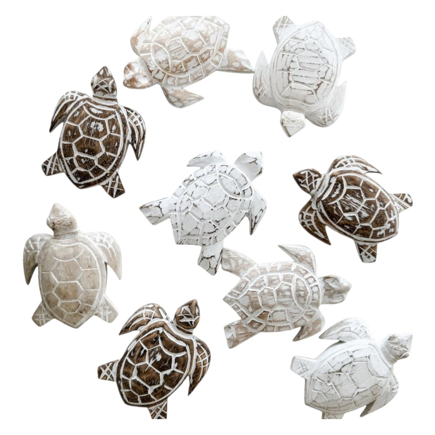 Tortues décoratives en bois sculpté brun, beige et blanc